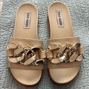 Steve Madden Cream Slide Sandals with Gold Accents